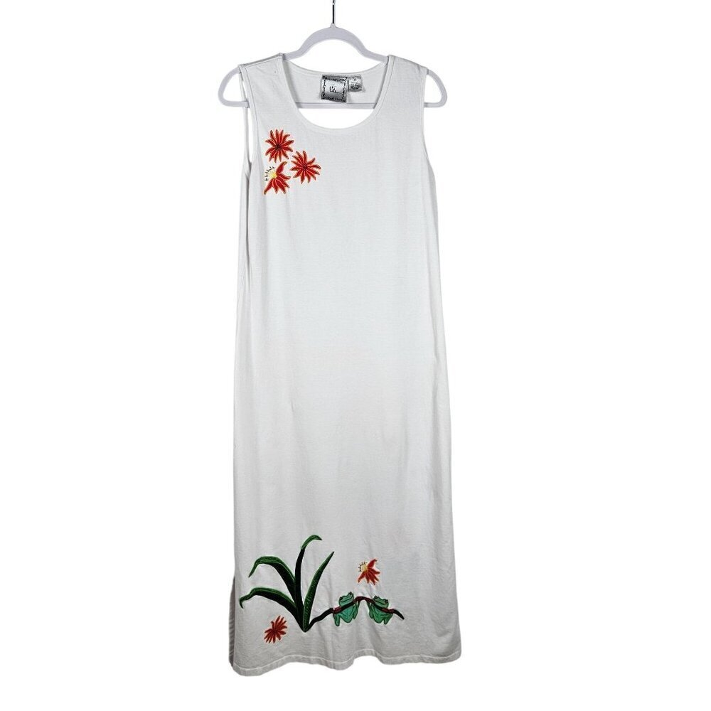 Michael Simon Medium White‎ Tank Maxi Dress Embroidered Flowers Beach Vacation